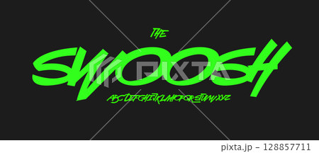 Fast script logo font alphabet, sharp italic letters, green speed lettering for street urban sport and art fest headline, dynamic typography, action typographic poster. Vector typeset. 128857711