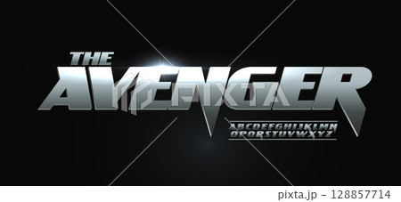 Cinematic racing font logo alphabet, bold steel sharp dynamic typescript for auto sport logotype, action headline, metallic typography, powerful typographic design, cinema poster. Vector typeset 128857714