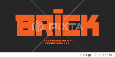 Blocky font logo alphabet, bold typography geometric sans letters strong techno typeface for sport branding logo, heavy headline, industrial typographic design, building company label. Vector typeset Blocky font logo alphabet, bold typography geometric sans letters strong techno typeface for sport branding logo, heavy headline, industrial typographic design, building company label. Vector typeset 128857719