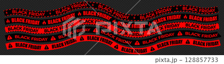 Black Friday Sale Banner Ribbons in Red and Black with Bold Warning Icons and Wavy Tape Design for Promotions and Advertisements. Vector Illustration. 128857733