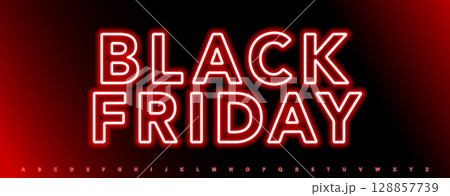 Red neon alphabet glowing outline electric font. Luminous glow typeface for Black Friday promo, discount banners, e-commerce ads, nightlife posters and modern marketing visual. Vector typeset 128857739