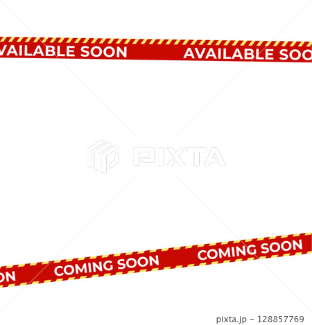 Coming Soon Red Banner Tape Stripe for shop opening, sale launch, retail notice, store ad, campaign teaser, product arrival, marketing layout. Product promotional clearance. Vector Illustration. 128857769