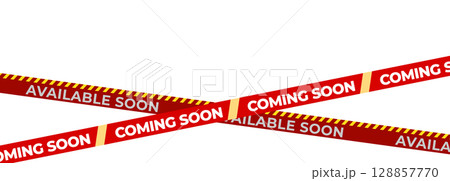 Coming Soon Red Banner Tape Stripe for shop opening, sale launch, retail notice, store ad, campaign teaser, product arrival, marketing layout. Product promotional clearance. Vector Illustration. Coming Soon Red Banner Tape Stripe for shop opening, sale launch, retail notice, store ad, campaign teaser, product arrival, marketing layout. Product promotional clearance. Vector Illustration. 128857770