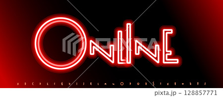 Red neon alphabet, glowing bold letters, vibrant electric font for nightlife banner, party poster, game UI, online button, digital sign, luminous typographic design. Vector typeset Red neon alphabet, glowing bold letters, vibrant electric font for nightlife banner, party poster, game UI, online button, digital sign, luminous typographic design. Vector typeset 128857771