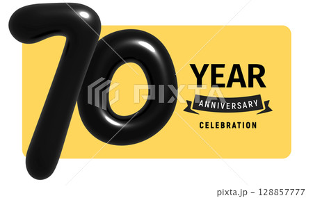 70 year anniversary celebration with bold glossy black 3D numbers on bright yellow background, festive and stylish. Business branding, event print material. Vector illustration. 128857777