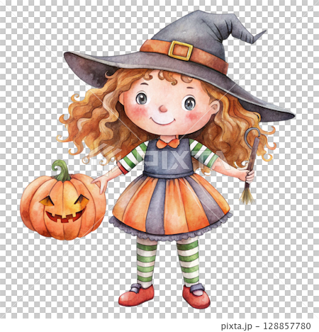 Rag Doll Witch Halloween pumpkin Clipart Watercolor  128857780
