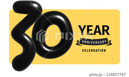 Black inflated number 30 with bold typography, cheerful celebratory mood. Anniversary event decoration, milestone graphic for banners, social posts, invites. Glossy 3D style, vector illustration. 128857787