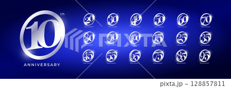 Silver Anniversary Logo Set With Elegant 3D Numbers From 10 To 100 Years On Blue Gradient Background, Perfect For Celebrations And Milestones. Vector Illustration. Silver Anniversary Logo Set With Elegant 3D Numbers From 10 To 100 Years On Blue Gradient Background, Perfect For Celebrations And Milestones. Vector Illustration. 128857811