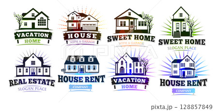 Colorful Real Estate Logo Set With Houses, Trees, and Sunburst Elements, Ideal for Property Sale, Rent, Vacation Homes, or Construction Branding. Vector Illustration. Colorful Real Estate Logo Set With Houses, Trees, and Sunburst Elements, Ideal for Property Sale, Rent, Vacation Homes, or Construction Branding. Vector Illustration. 128857849