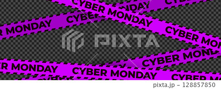 Cyber Monday Sale Purple Warning Tape On Transparent Background For Online Shopping Promotion, Discounts, Marketing Design. Vector Illustration. Cyber Monday Sale Purple Warning Tape On Transparent Background For Online Shopping Promotion, Discounts, Marketing Design. Vector Illustration. 128857850