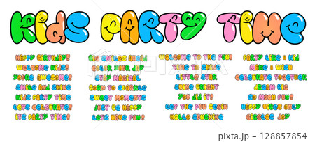 Colorful Kids Party Time Lettering Set With Fun Cartoon Font, Happy Birthday Quotes, Celebration Phrases, Cute Smiling Letters For Children Event, Poster, Card Design. Vector Illustration. 128857854