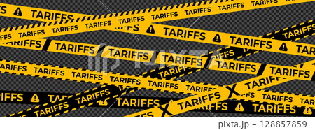 Tariff Warning Tape Set in Black and Yellow with Transparent Background. Caution Ribbons with Text Tariffs and Danger Signs. Fencing tape. Vector Illustration 128857859