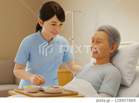 食事介助をする介護士と高齢者の男性 128857869
