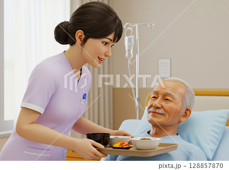 食事介助をする介護士と高齢者の男性 128857870
