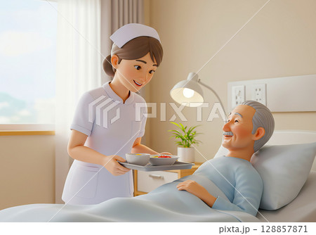 食事介助をする介護士と高齢者の男性 128857871