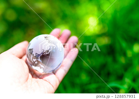 綺麗な新緑に上からかざす地球儀の水晶　エコロジーイメージ　くっきり 128857931