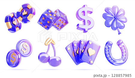 Glass holographic casino slot game icon. Render 3d set of gambling luck symbols. Neon poker chips, playing cards, dice, clover, cherry, horseshoe, coins and dollar sign for ui design. 3D illustration 128857985