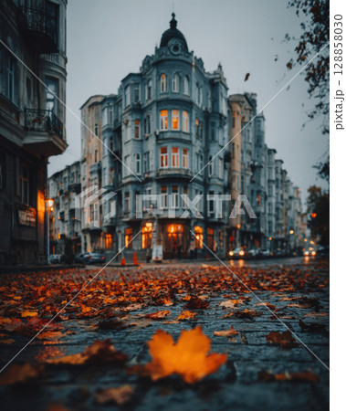 Historic building with warm lights stands on cobblestone street covered in autumn leaves, creating cozy atmosphere Historic building with warm lights stands on cobblestone street covered in autumn leaves, creating cozy atmosphere 128858030