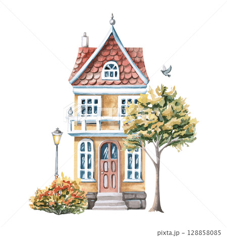 Urban yellow two-story house with autumn trees. Isolated watercolor illustration of buildings for the design of printed products of architectural bureaus, guidebooks, postcards, children's products. 128858085