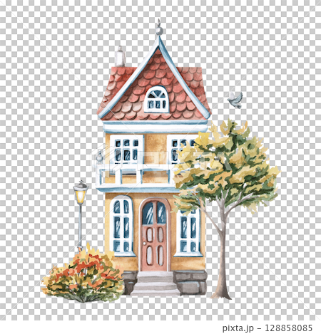Urban yellow two-story house with autumn trees. Isolated watercolor illustration of buildings for the design of printed products of architectural bureaus, guidebooks, postcards, children's products. 128858085