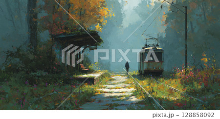 Lone figure waits at abandoned tram stop surrounded by fall foliage, with gentle sunlight illuminating misty scene 128858092