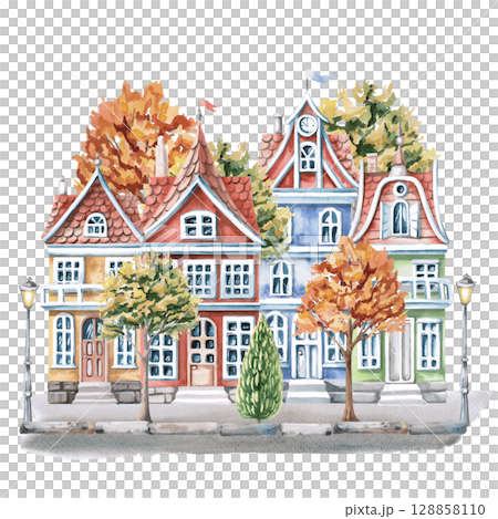 City street with colorful houses and autumn trees. Isolated watercolor illustration of buildings for design of printed products of architectural bureaus, guidebooks, postcards, children's products. 128858110