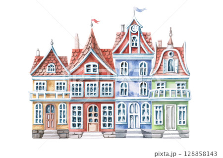 City street with 4 colorful houses. Isolated watercolor illustration of colored buildings for design of printed products of architectural bureaus, guidebooks, postcards, children's products. 128858143