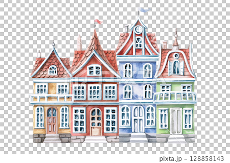 City street with 4 colorful houses. Isolated watercolor illustration of colored buildings for design of printed products of architectural bureaus, guidebooks, postcards, children's products. 128858143