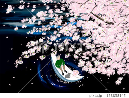 ボートに乗って桜を楽しむ人物のイラスト 128858145