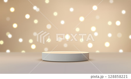 luxury gold background with white pedestal and bokeh lights for elegant product display mockup or showcase 128858221