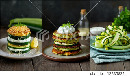 Zucchini collage featuring layered stacks, fresh garnishes, and vibrant presentation styles 128858254