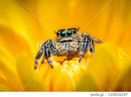 Close-up of a spider resting on vibrant yellow flower petals showcasing intricate details 128858297