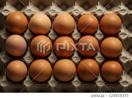 Fresh brown eggs arranged neatly in a carton, showcasing natural textures and colors 128858355