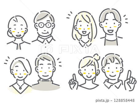 多世代のカップル・夫婦のアバターイラストセット シンプルでお洒落な線画イラスト 多世代のカップル・夫婦のアバターイラストセット シンプルでお洒落な線画イラスト 128858448