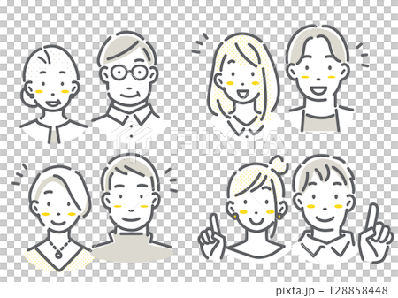 多世代のカップル・夫婦のアバターイラストセット シンプルでお洒落な線画イラスト 多世代のカップル・夫婦のアバターイラストセット シンプルでお洒落な線画イラスト 128858448