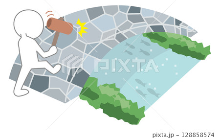 石橋を叩いて渡る（ことわざイラスト） 128858574