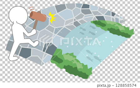 石橋を叩いて渡る（ことわざイラスト） 128858574