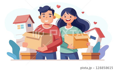 A young couple, brimming with excitement, carries boxes into their new home, their eyes filled with wonder and anticipation. 128858615