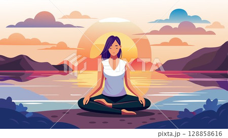 A serene and contemplative portrait of a young woman, bathed in the warm glow of a sunset, as she meditates by the ocean's edge. 128858616