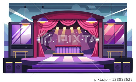 A surreal, vertical image of a nightclub stage, devoid of its usual life and vibrancy, creating a sense of eerie quietude. 128858625