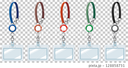 帶有捲軸商務彩色套裝的身份證持有人和手帶/員工身份證等向量插圖 帶有捲軸商務彩色套裝的身份證持有人和手帶/員工身份證等向量插圖 128858731