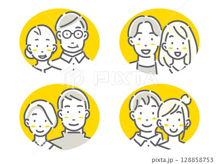 多世代のカップル・夫婦のアバターイラストセット シンプルでお洒落な線画イラスト 多世代のカップル・夫婦のアバターイラストセット シンプルでお洒落な線画イラスト 128858753