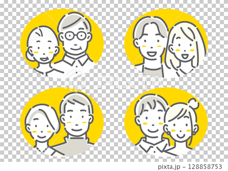多世代のカップル・夫婦のアバターイラストセット シンプルでお洒落な線画イラスト 多世代のカップル・夫婦のアバターイラストセット シンプルでお洒落な線画イラスト 128858753