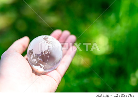 綺麗な新緑に上からかざす地球儀の水晶　エコロジーイメージ　 128858765