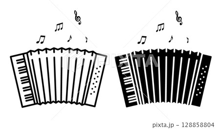 Linear icon. Accordion keyboard musical instrument based on movement of air inside an accordion shaped device. Simple black and white vector isolated on white background 128858804