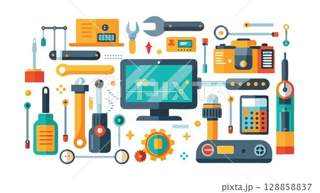 Tools of the trade screwdrivers, wrenches, and circuit boards surround her workspace. 128858837