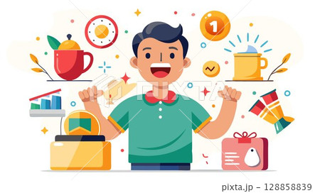 The scene conveys a sense of satisfaction and excitement about the chosen items. 128858839