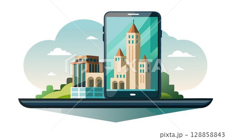 The reflection of the building's architecture is visible on the sleek surface of his phone. 128858843