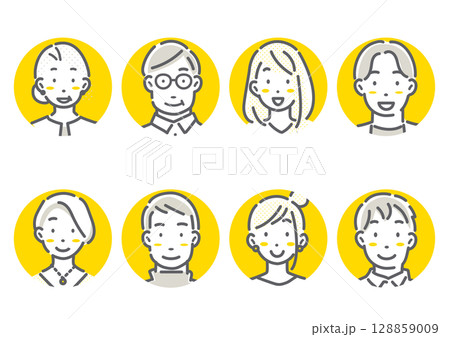 多世代の男女のアバターアイコンイラストセット　シンプルでお洒落な線画イラスト 128859009