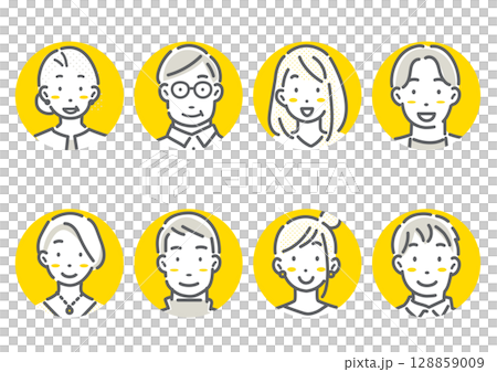 多世代の男女のアバターアイコンイラストセット　シンプルでお洒落な線画イラスト 128859009